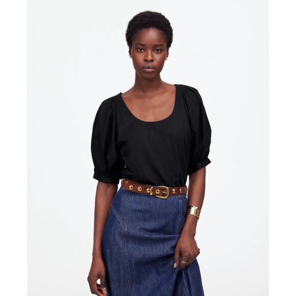 Madewell Relaxed Scoop Neck Puff Short-Sleeve Top WMNS XS Black Cotton Pullover - Picture 1 of 8